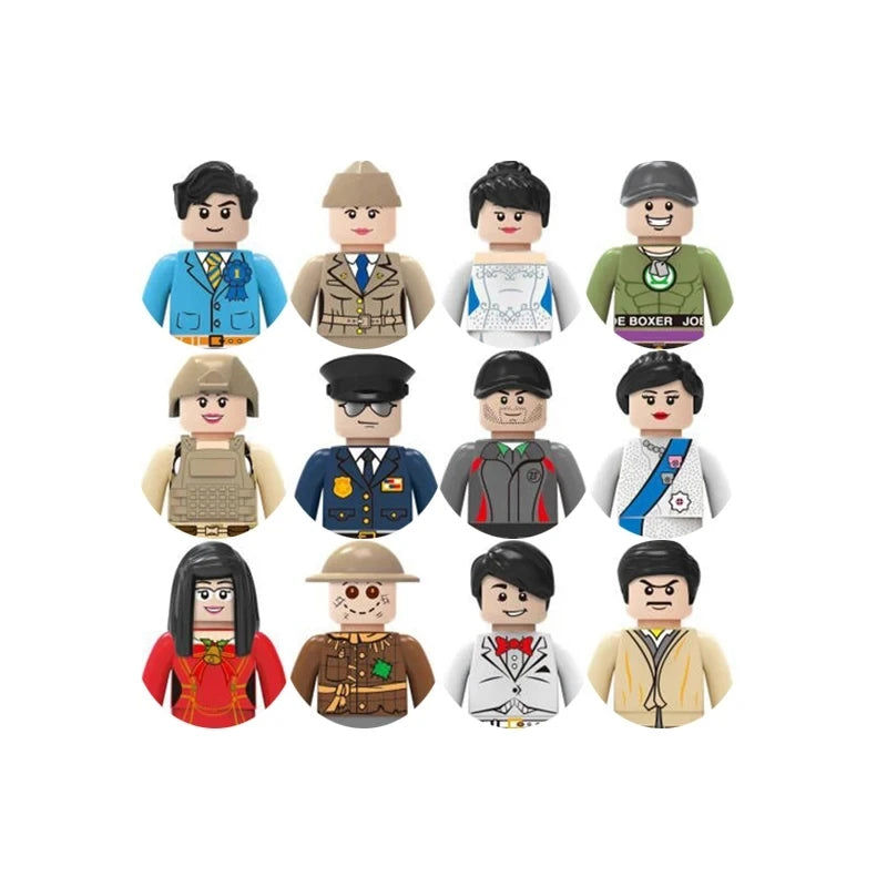 Set of toy figures in various outfits on a white background