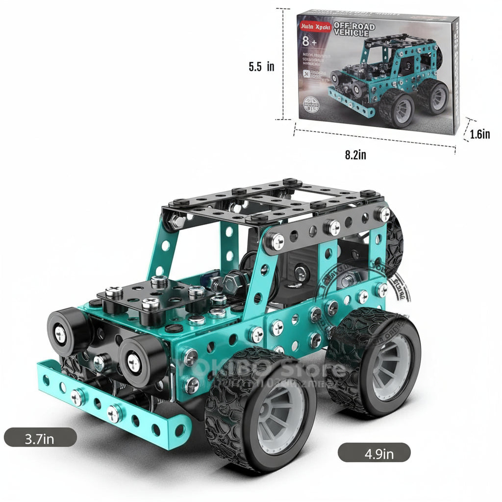 Teal and black off-road vehicle model kit with dimensions displayed