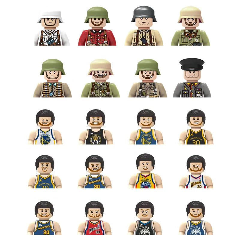 Collection of various action figure toys on a white background