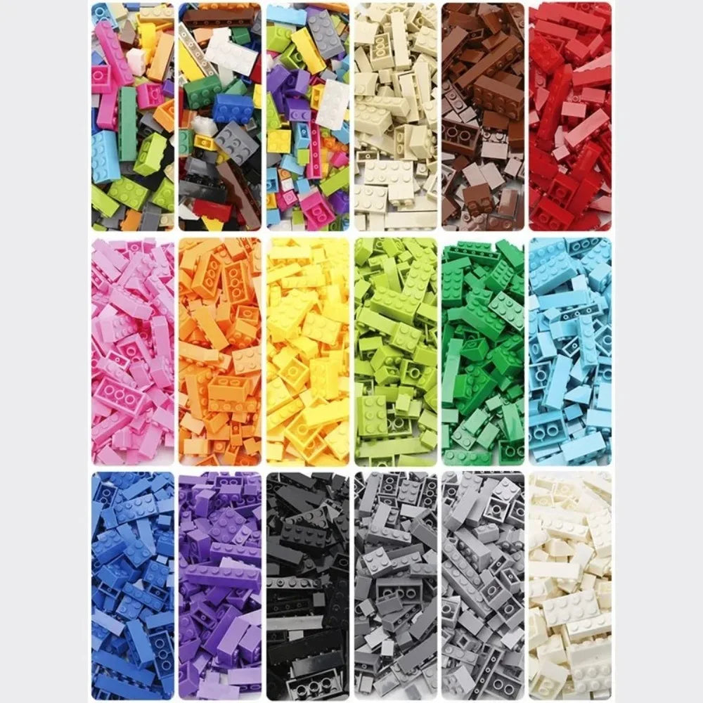 Assorted colorful building blocks arranged in a grid on a white background