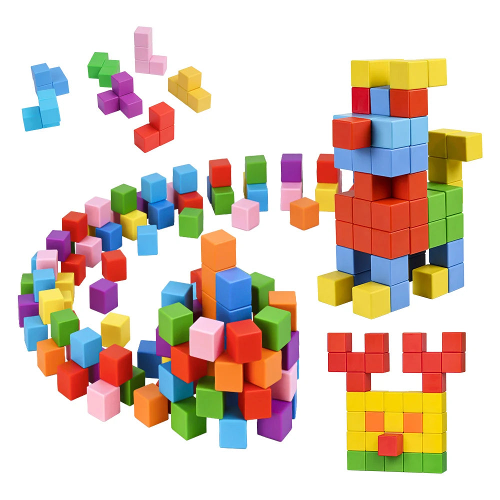 Colorful building blocks in various shapes and sizes on a white background
