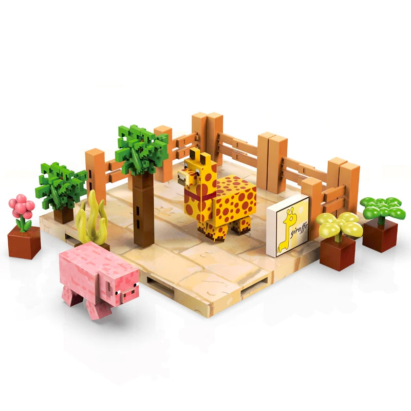 Toy set with a giraffe and pig in a wooden enclosure on a white background