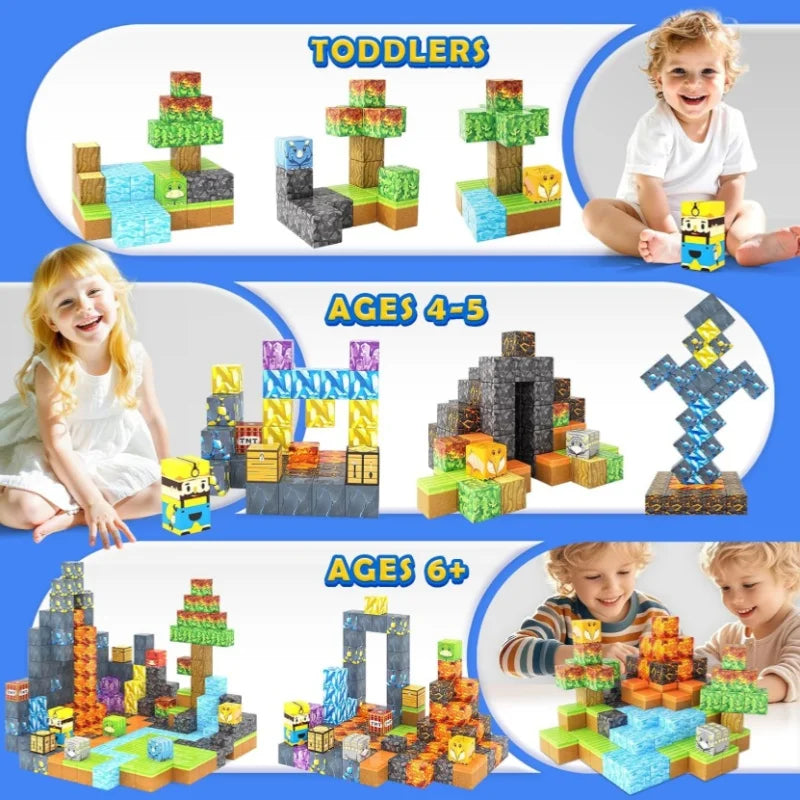 Collage of building block sets with children playing and text indicating age groups.