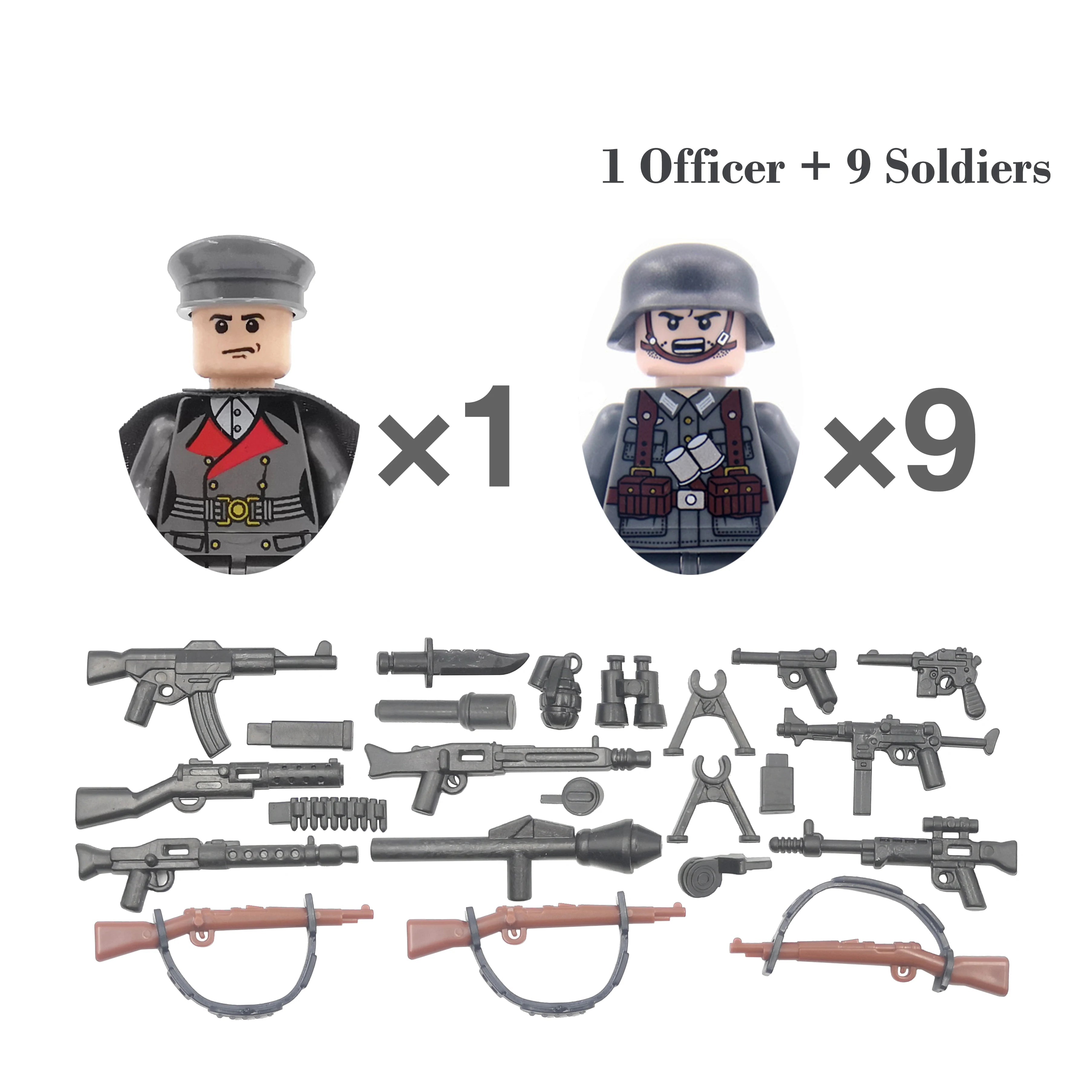 Toy figure set with one officer and nine soldiers, including weapons, on a white background.