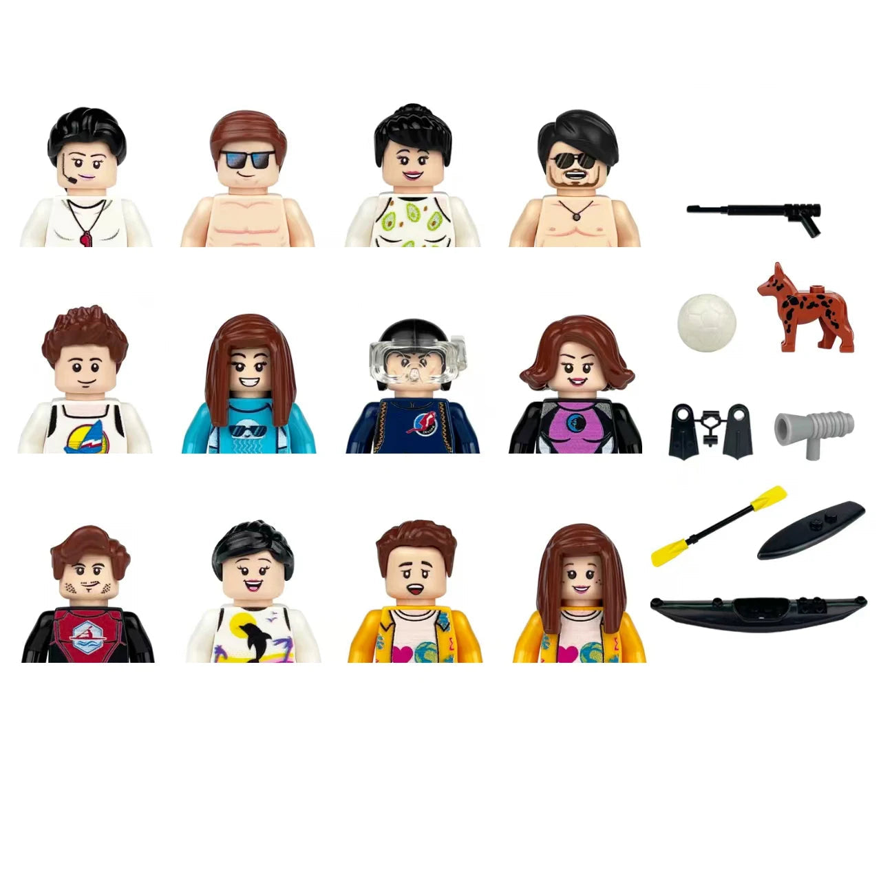 Set of toy figures and accessories on a white background