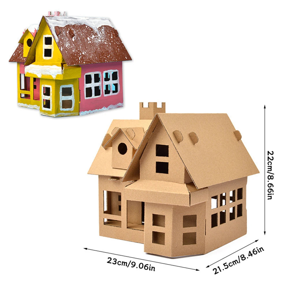 Cardboard house model with colorful miniature house in the background, showing dimensions on a white background.