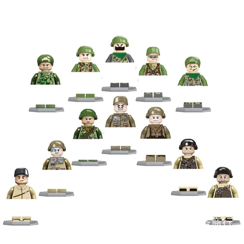 Set of 12 military-themed figurines on a white background