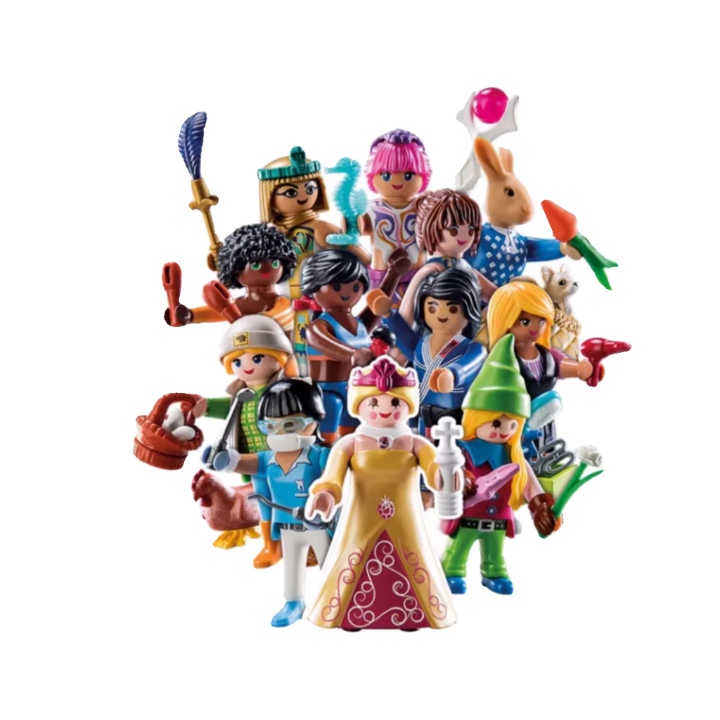 Collection of colorful toy figurines on a white background