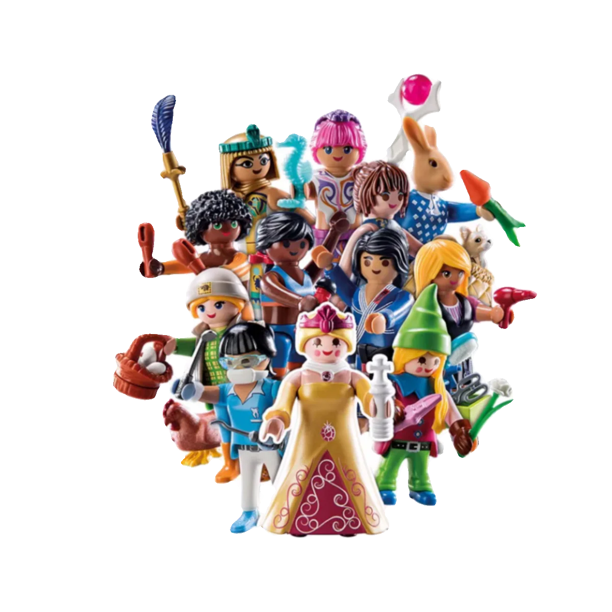 Collection of colorful toy figurines on a white background