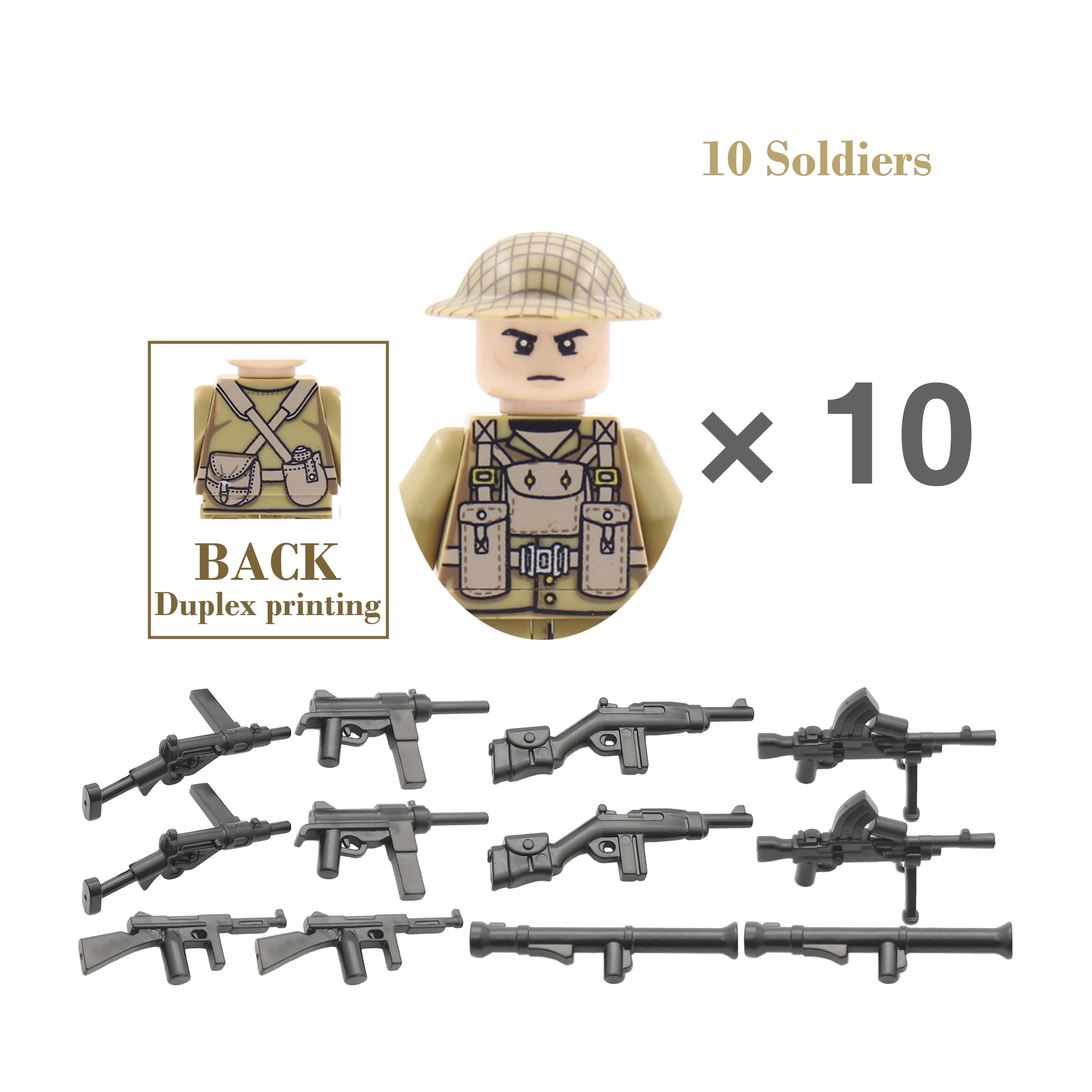 Set of toy soldiers with weapons and packaging details on a white background