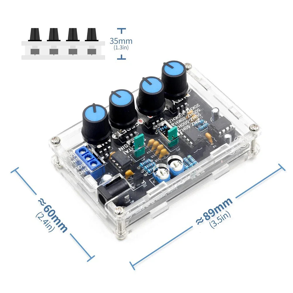 Electronic control board with knobs and components, shown with dimensions on a white background