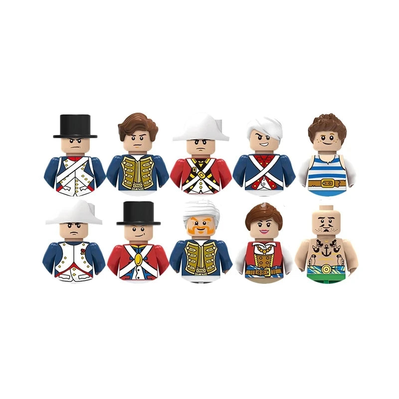 Set of nine toy figures in various outfits on a white background