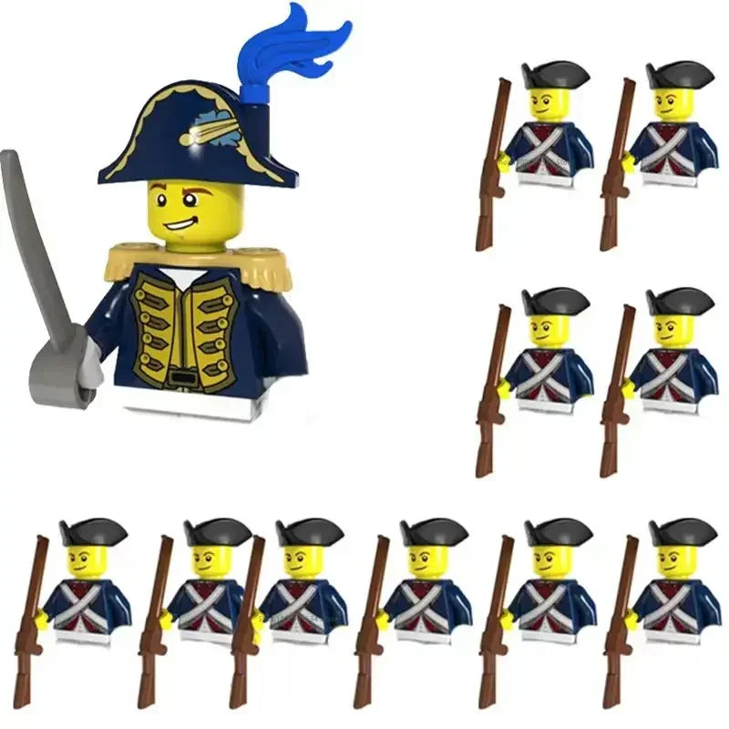 Set of LEGO mini figures in colonial-style uniforms with hats and rifles on a white background