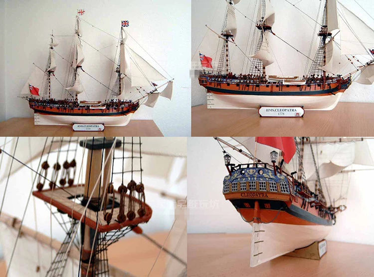 Collage of a model ship with multiple views on a plain background