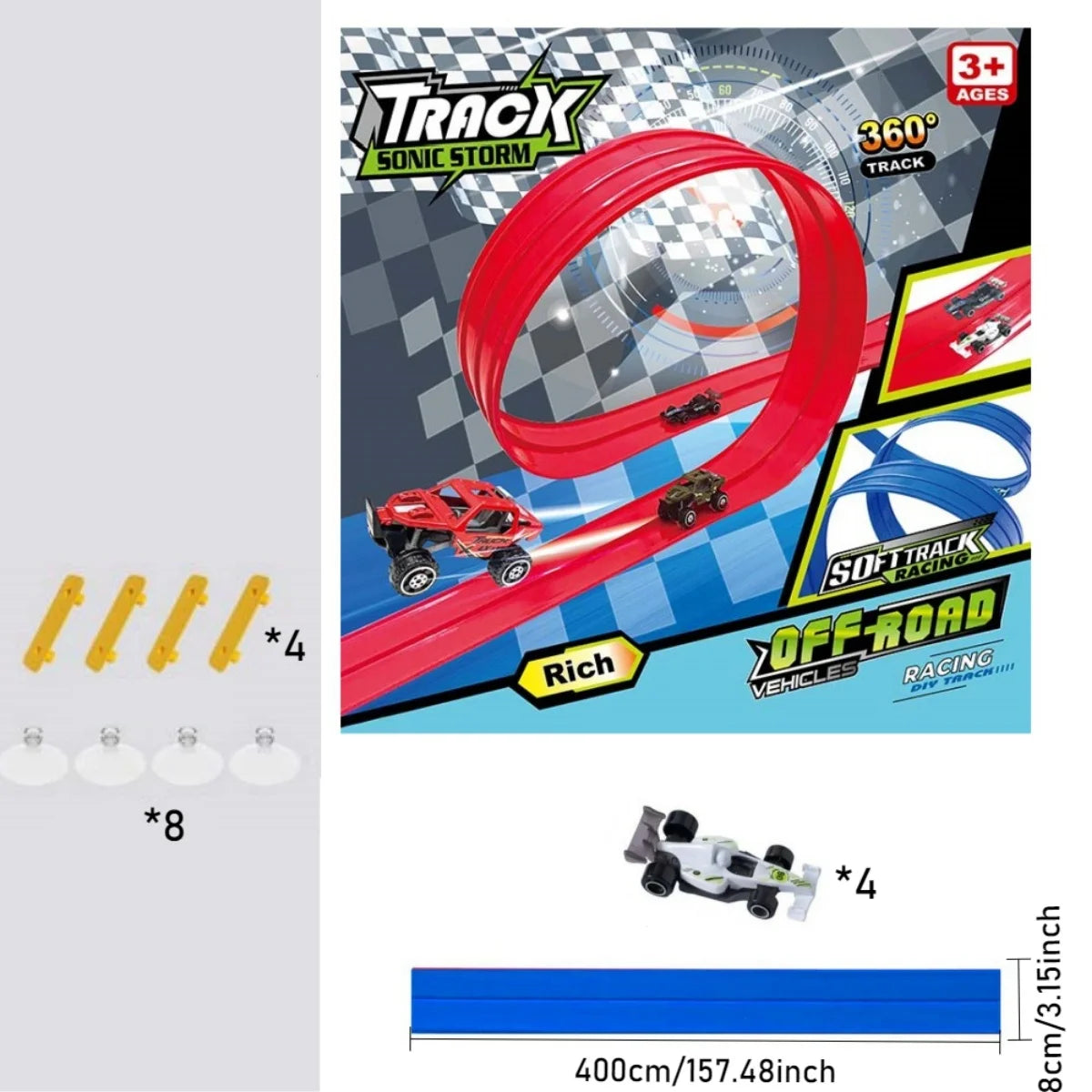 Toy track set with cars and packaging featuring 'Track Sonic Storm' branding.