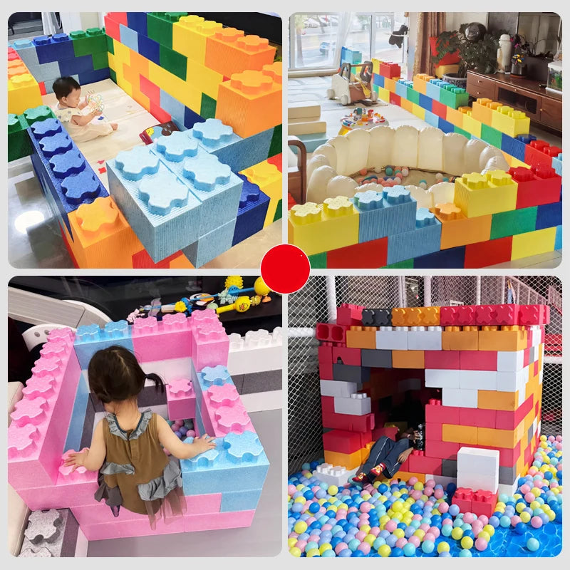 Collage of children playing with colorful building blocks in various settings.