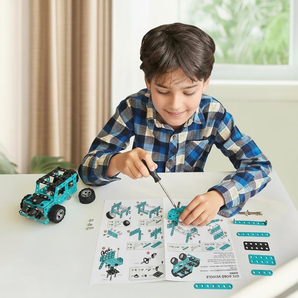 Child assembling a toy vehicle