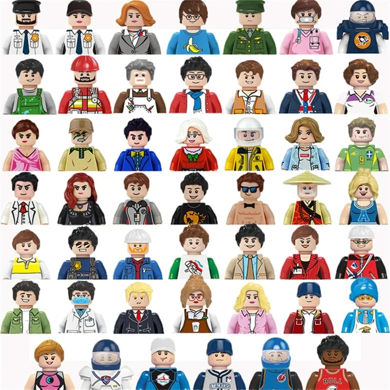 Collection of diverse minifigures in various outfits on a white background