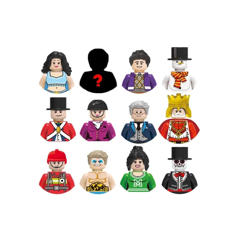 Set of colorful toy figures with various outfits on a white background