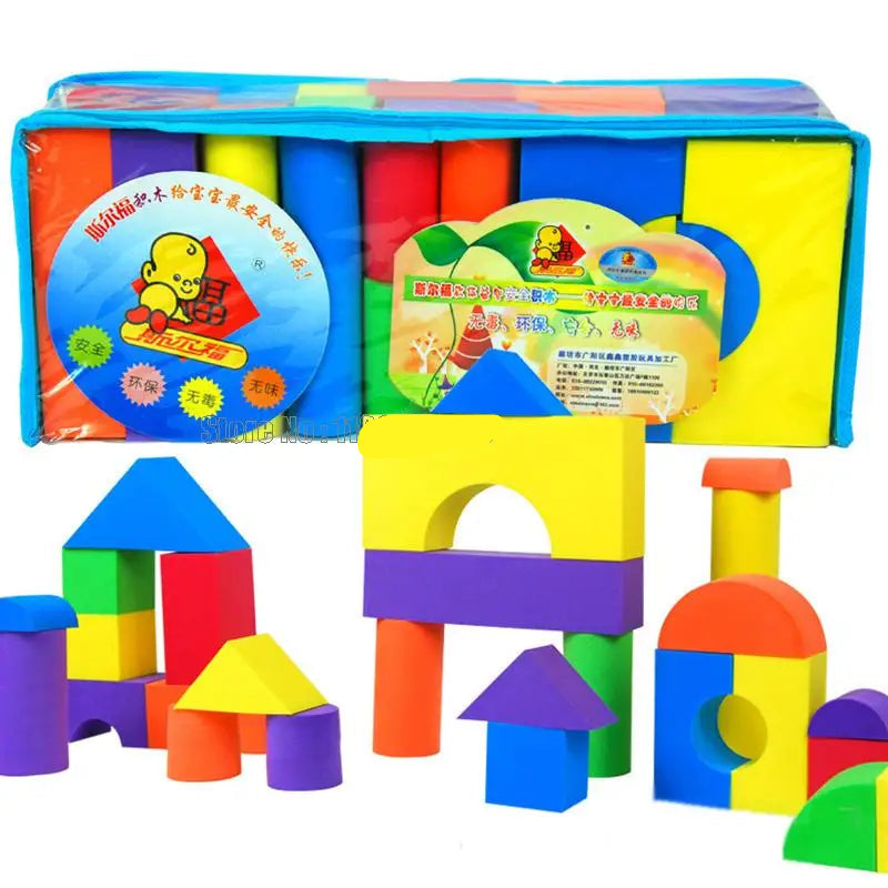 Colorful building blocks with packaging on a white background