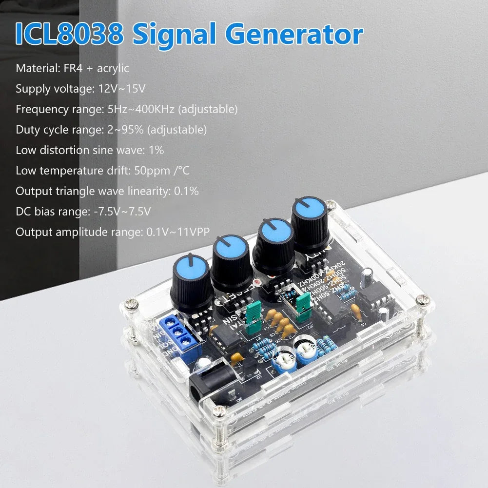 ICL8038 Signal Generator with specifications on a white background