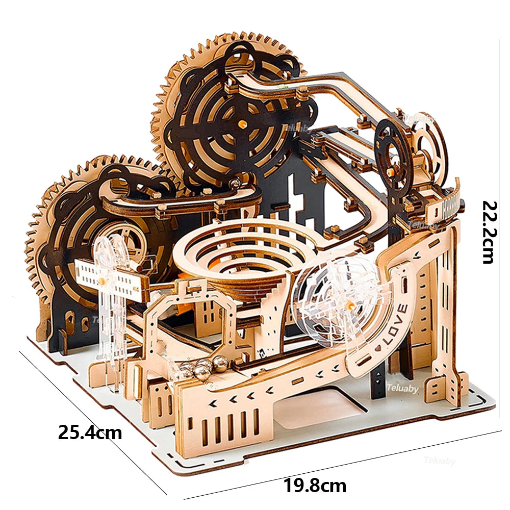 Wooden mechanical model with gears and ball track, dimensions shown