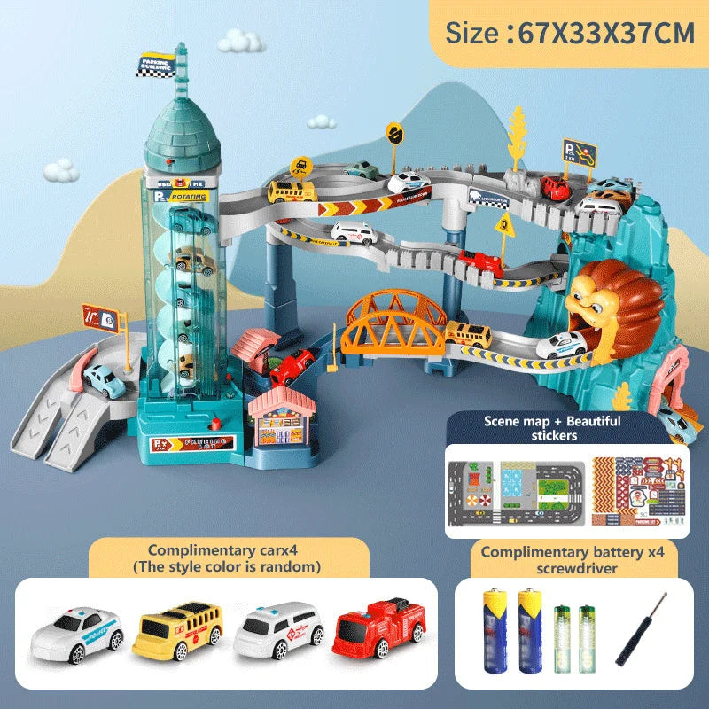 Toy race track set with cars and accessories on a blue background