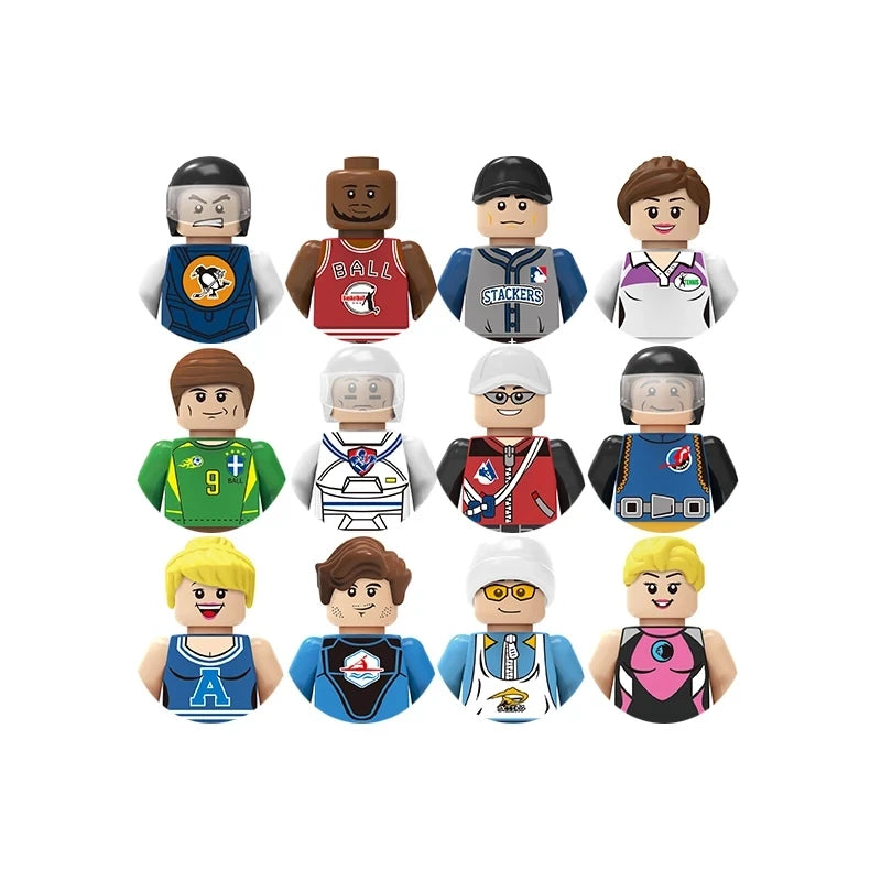 Set of toy figures in various outfits on a white background