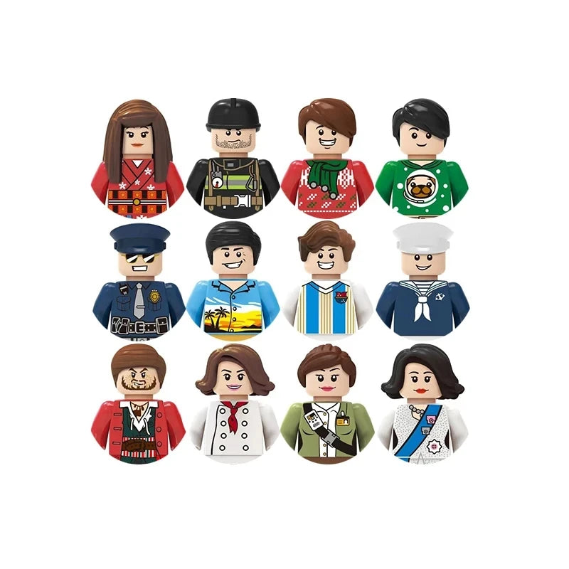 Set of twelve diverse character figures in various outfits on a white background