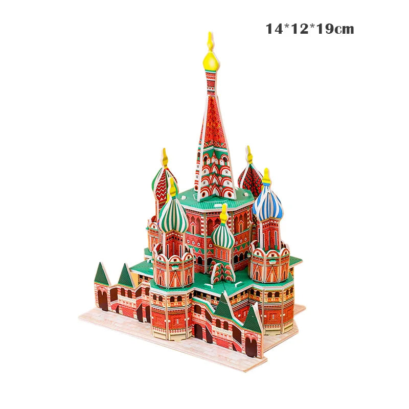 3D puzzle model of a colorful cathedral with dimensions 14x12x19cm on a white background.