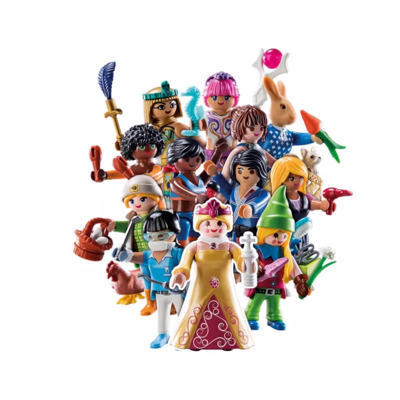 Collection of colorful toy figurines on a white background