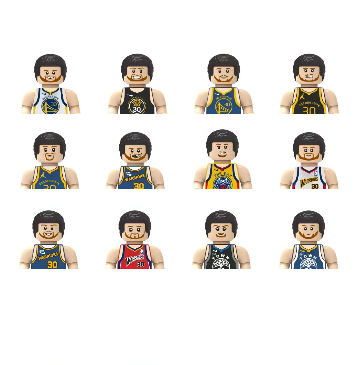 Set of basketball player figurines with different colored jerseys on a white background