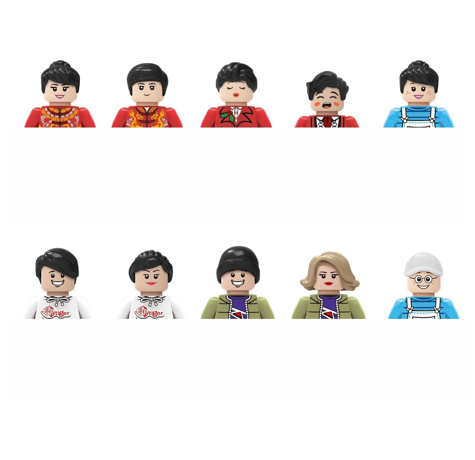 Set of toy figures with various outfits on a white background