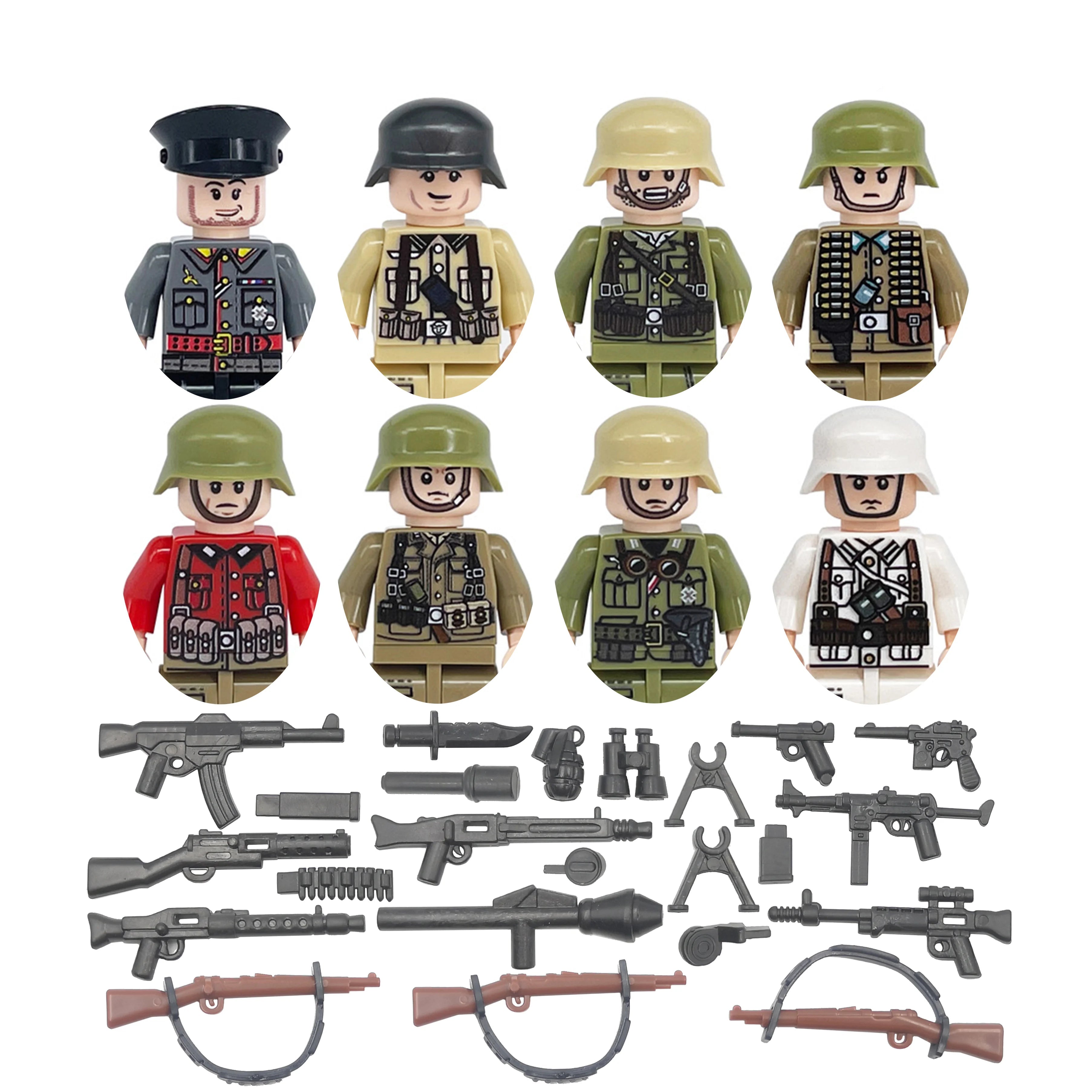 Set of toy soldiers in various uniforms with weapons on a white background