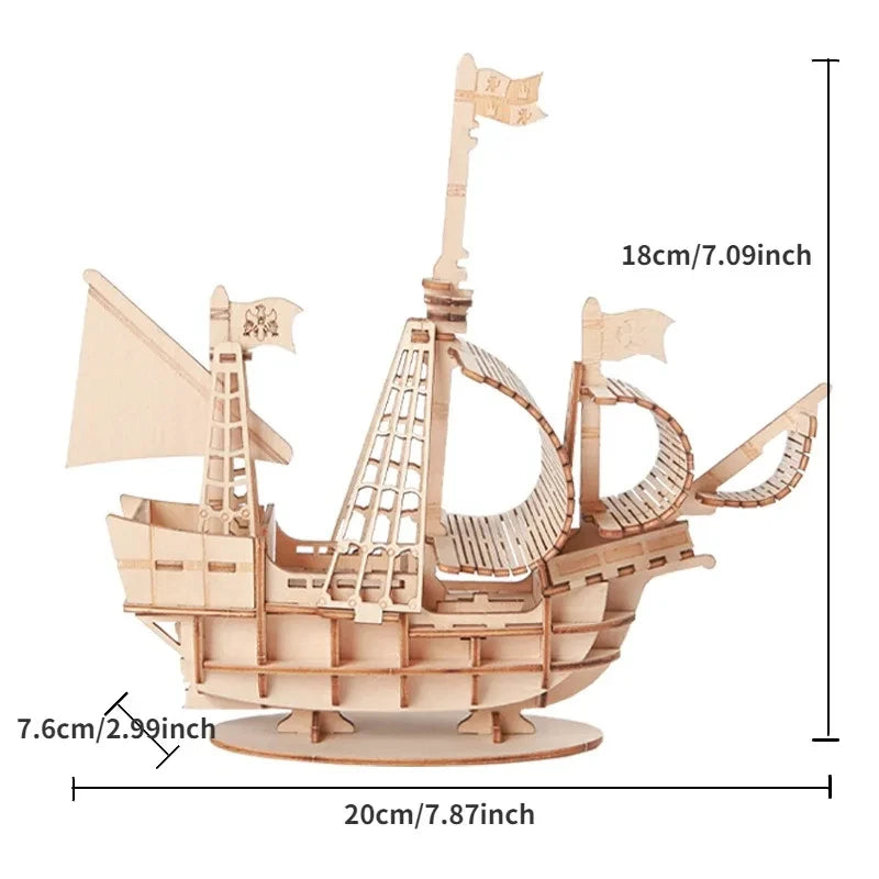 Wooden ship model with dimensions indicated on a white background