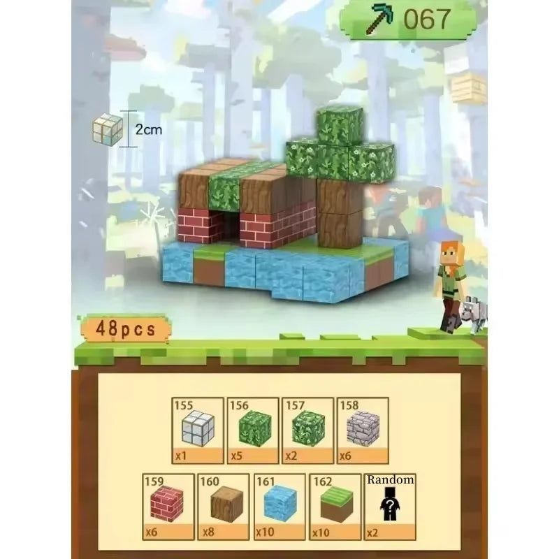 Toy building set with block design, featuring a character and a forest background.