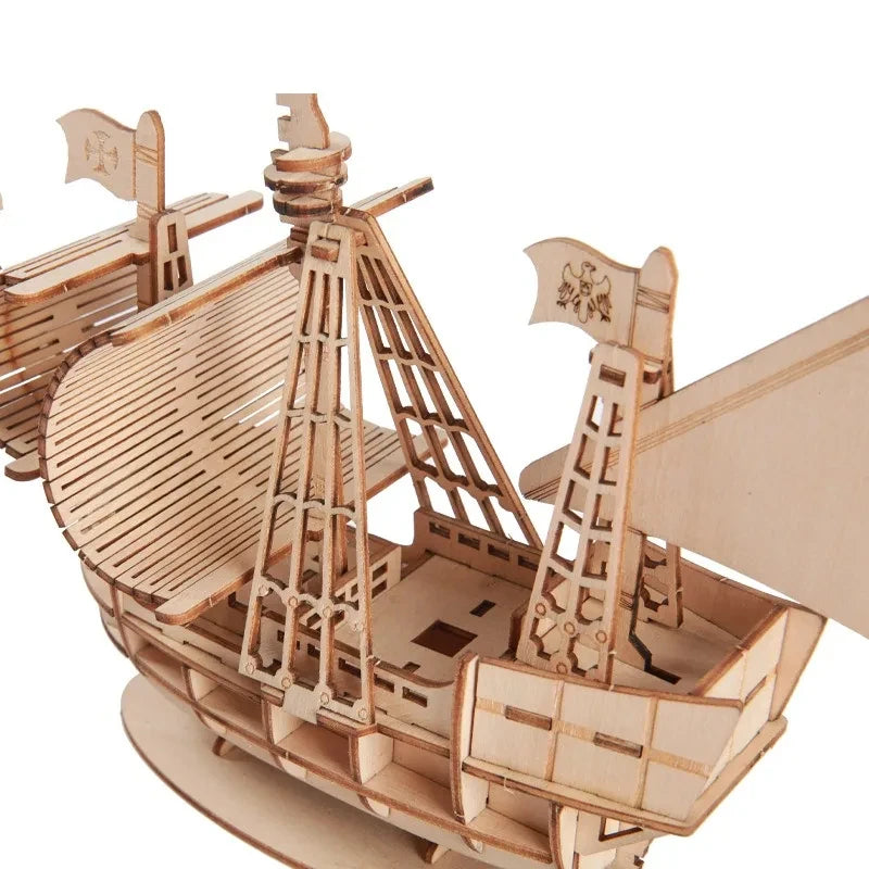 Wooden model ship kit on a white background