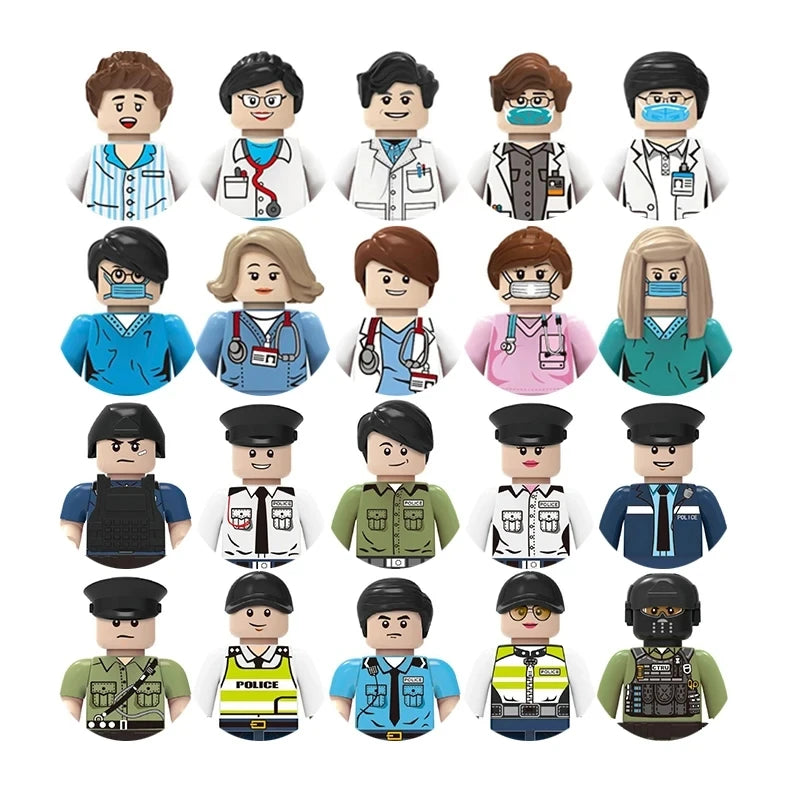 Set of toy figures in various outfits on a white background