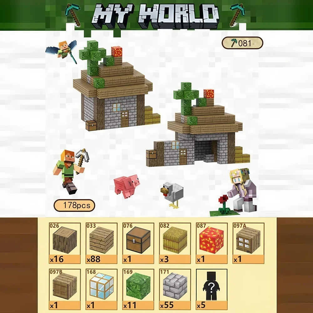 My World game interface with building blocks and characters on a white background