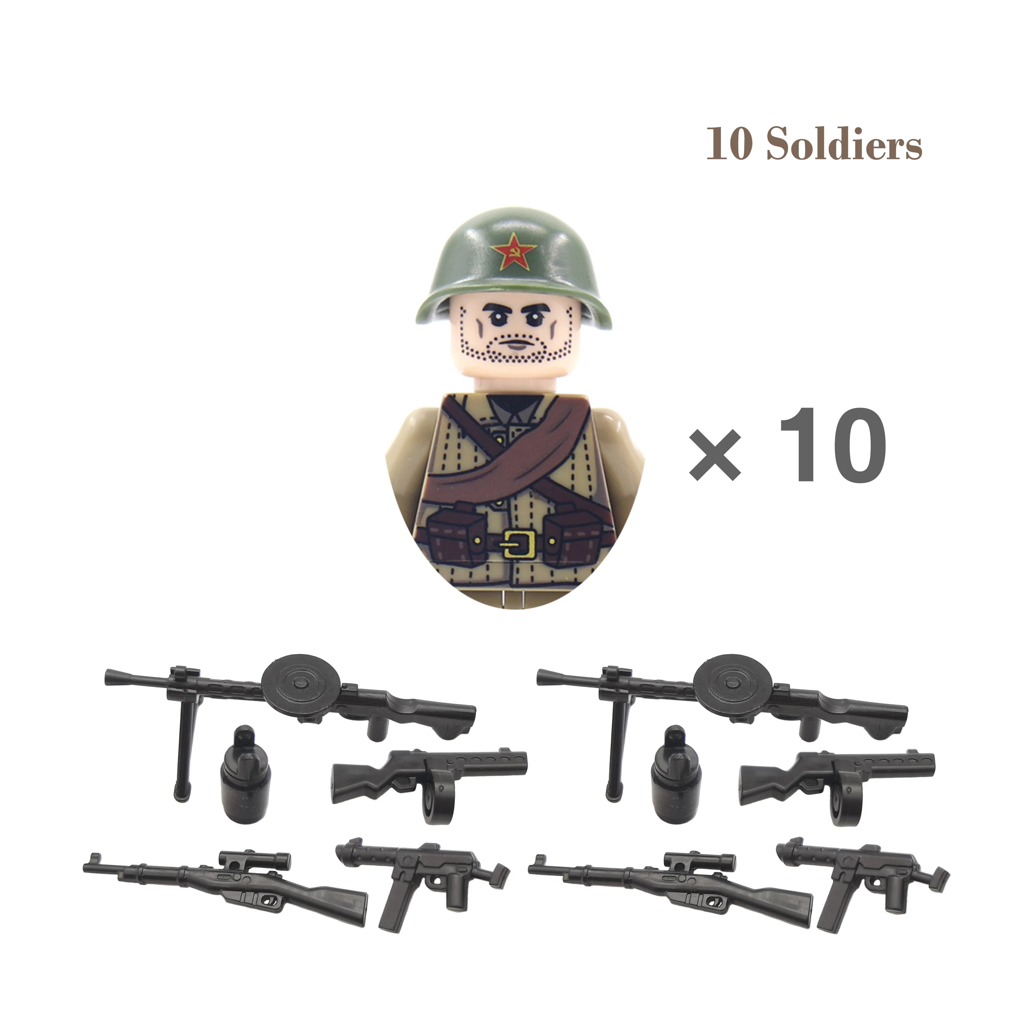 Set of toy soldiers with weapons on a white background, featuring the label 'SR-SVT10D6'.