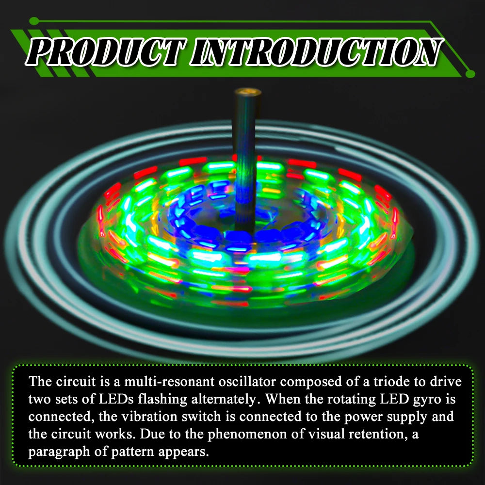 Colorful LED gyroscope with text on a dark background