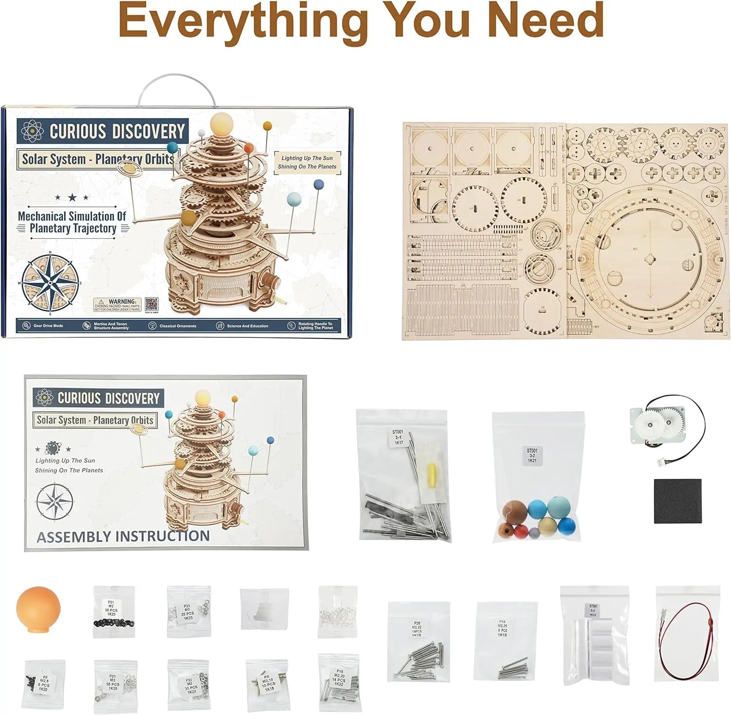 Collage of a wooden planetarium model kit with packaging, assembly instructions, and components.