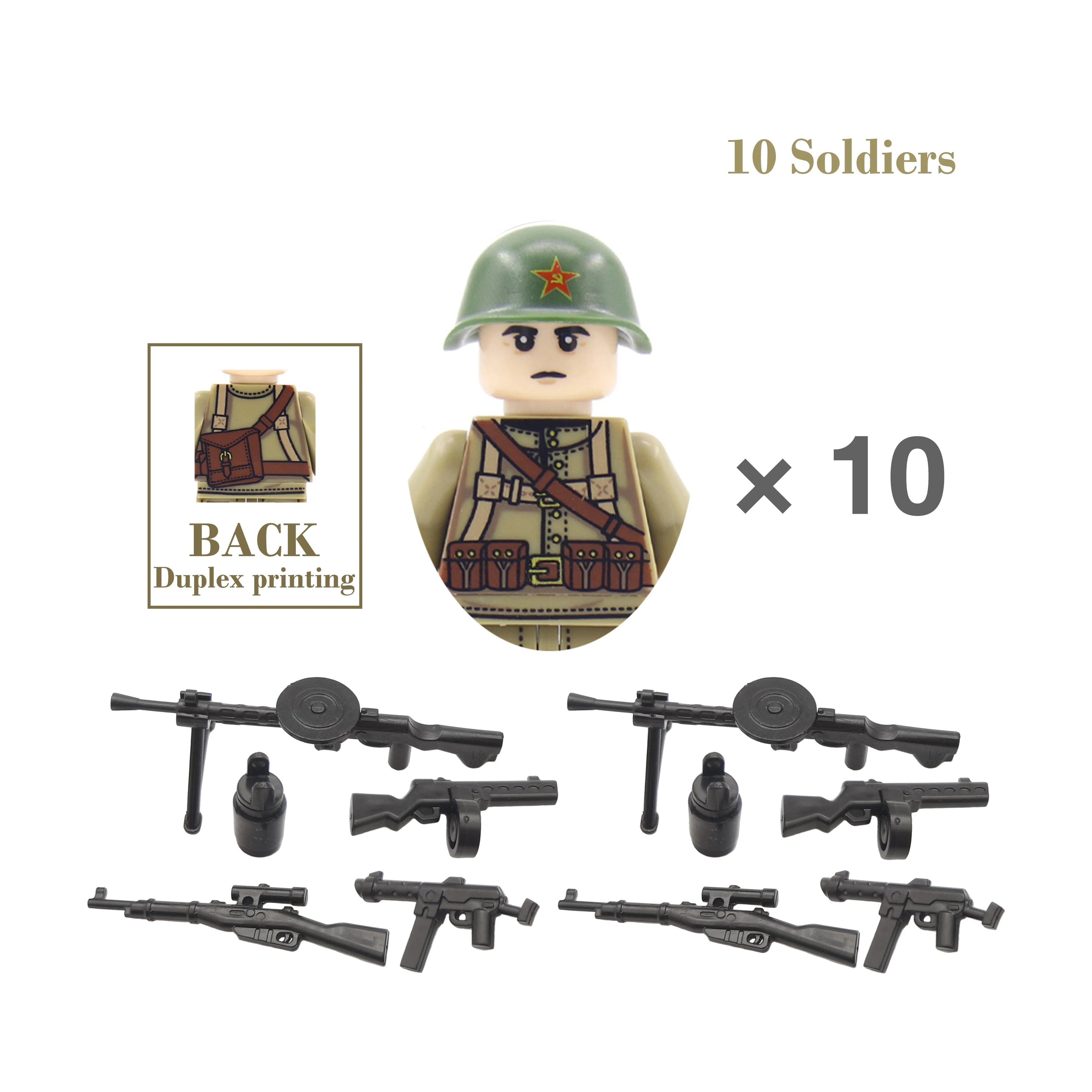 Set of toy soldiers with weapons and a minifigure on a white background