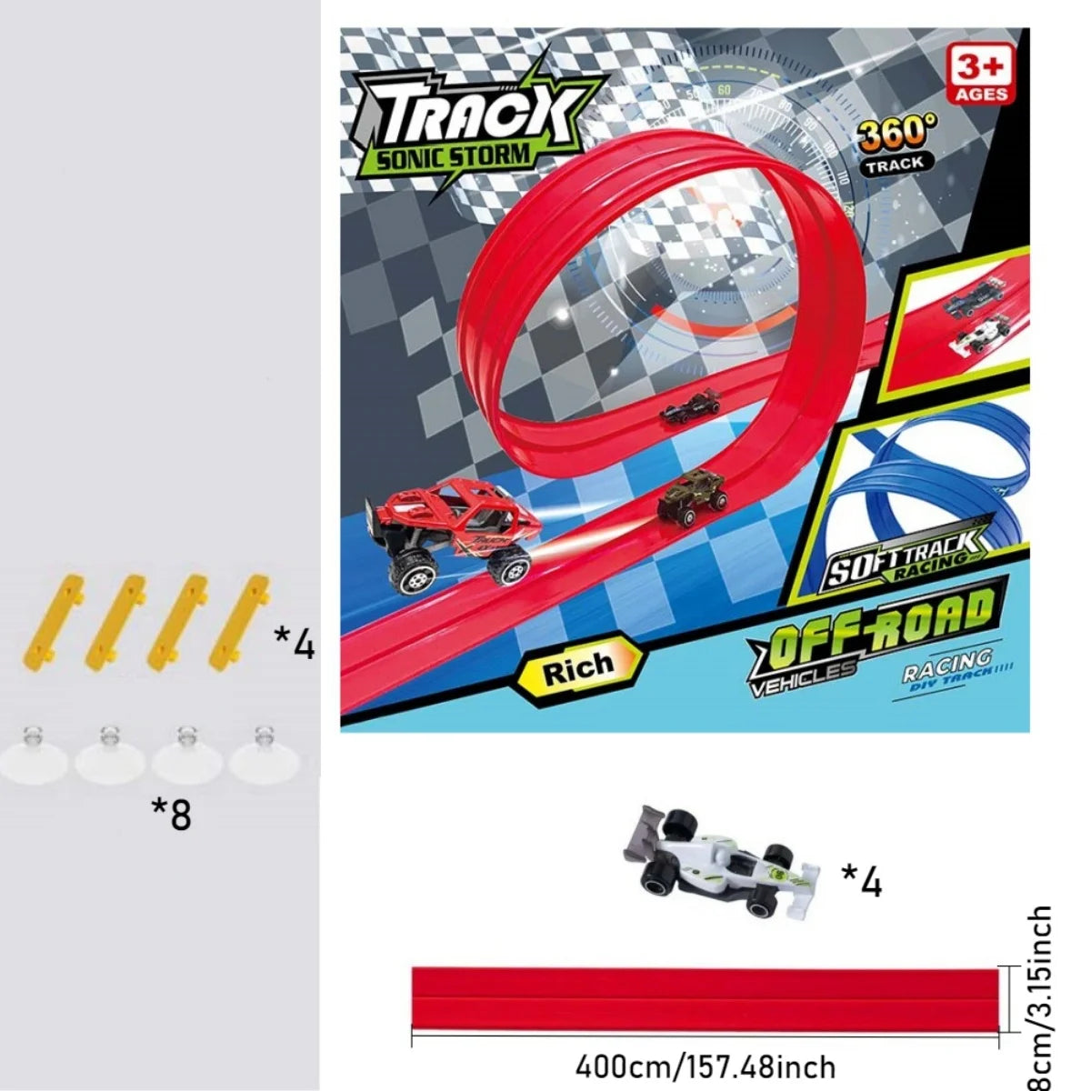 Toy track set with cars and packaging on a white background