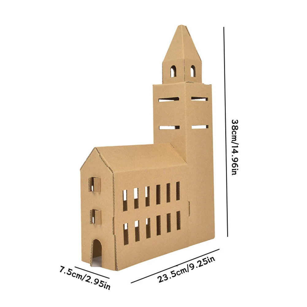 Cardboard building model with dimensions indicated on a white background