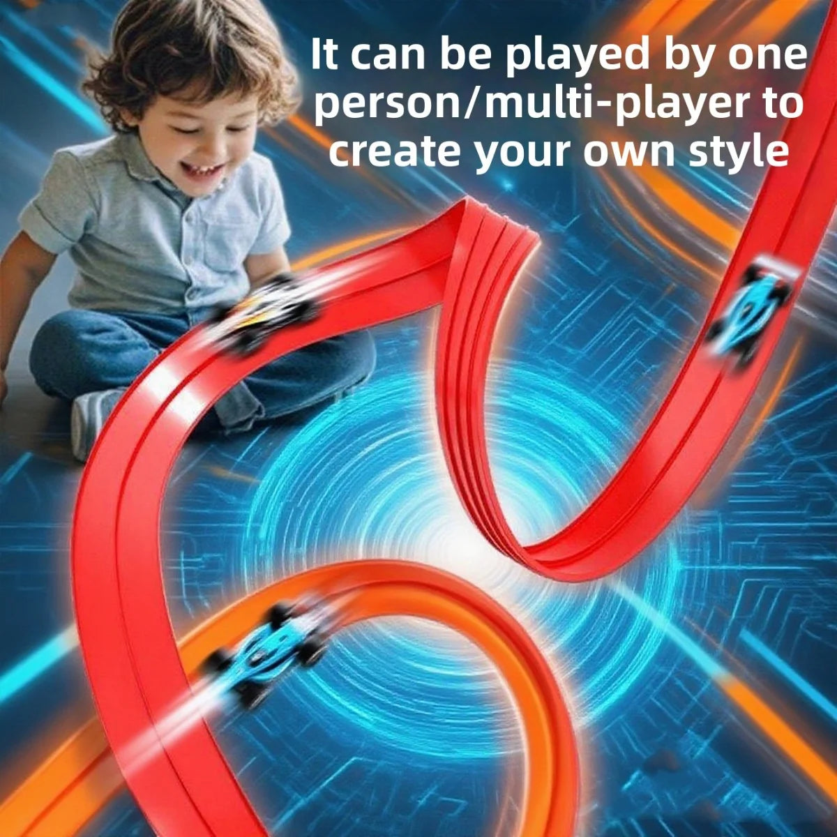 Child playing with a toy track set on a dynamic background
