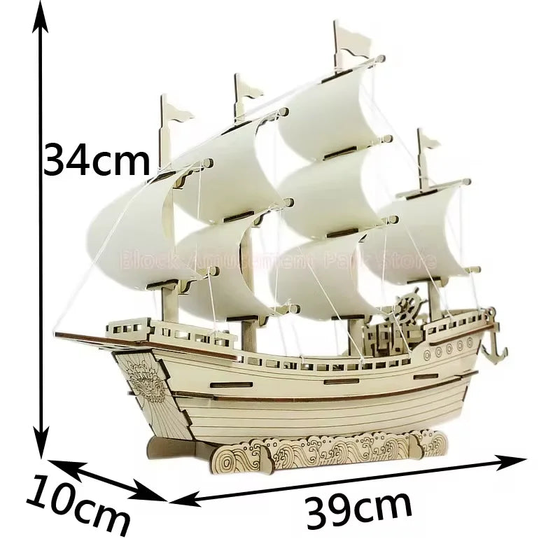 Wooden ship model with measurements on a white background