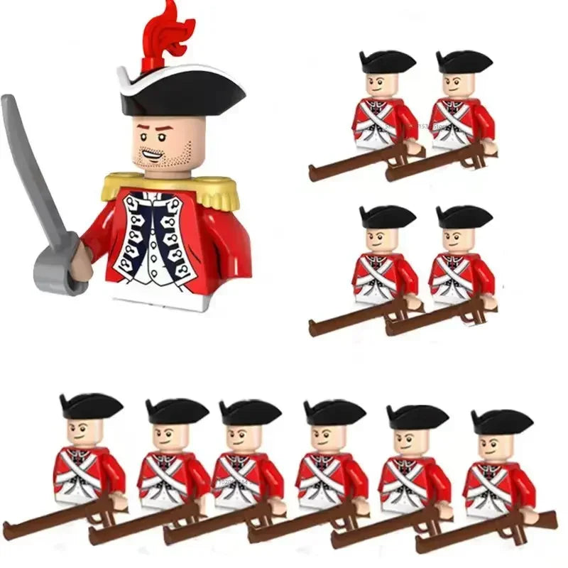 Toy soldiers in red uniforms with black hats and rifles on a white background
