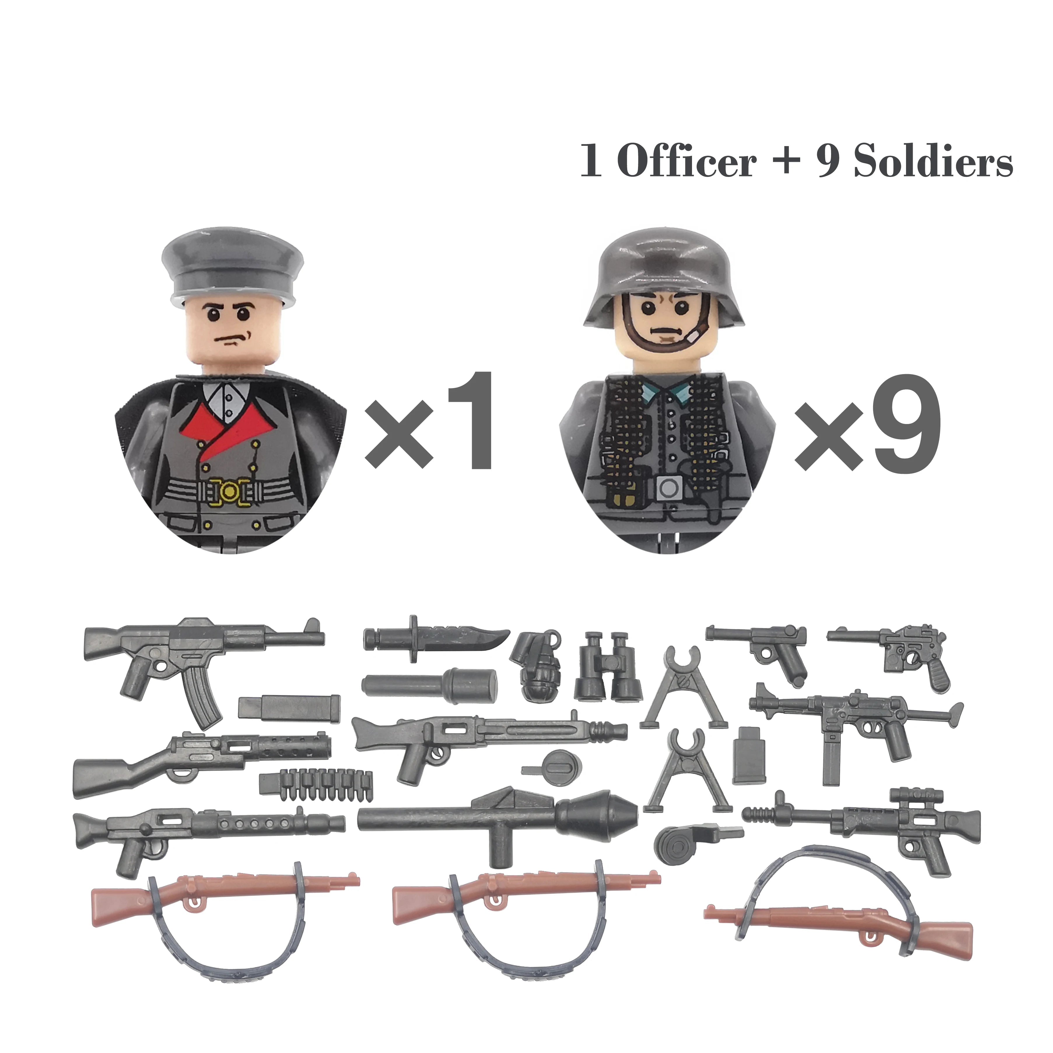 Toy figure set with one officer and nine soldiers, including weapons, on a white background.
