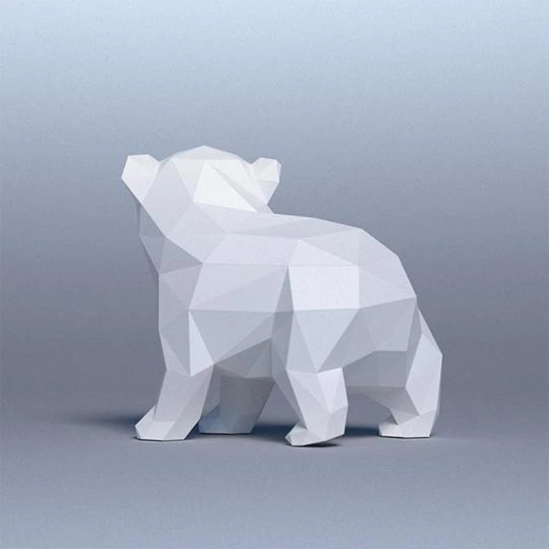 Geometric white bear sculpture on a gray background